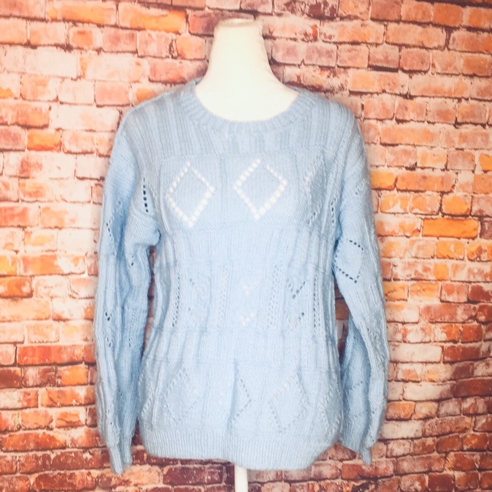 Vintage Handmade Light Blue Crocheted  Crewneck Sweater